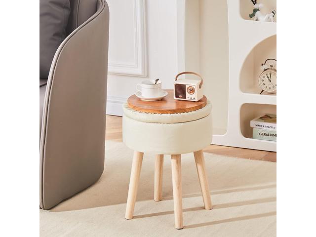 Mxfurhawa Storage Ottoman Linen Round Vanity Stool Tray Top Modern Foot Stool with Wood Legs Multifunctional Upholstered Foot Ottoman Rest for...