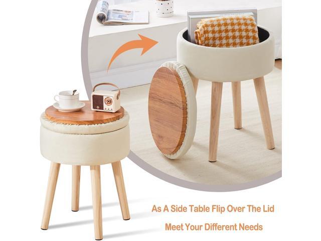 Mxfurhawa Storage Ottoman Linen Round Vanity Stool Tray Top Modern Foot Stool with Wood Legs Multifunctional Upholstered Foot Ottoman Rest for...