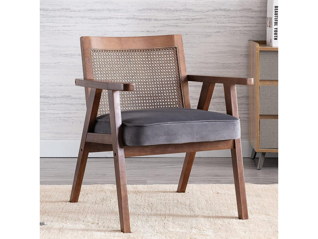 Guyou Mid Century Modern Rattan Chair, Comfy Retro Accent Arm Chair with Mesh Back Upholstered Wooden Boho Patio Chairs for Living Room Bedroom...