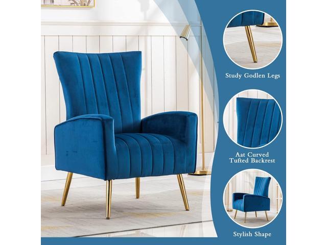LSSPAID Velvet Accent Chairs Set of 1, Modern Fabric Upholstered Living Room Chairs Armchairs with Wing Back and Metal Legs, Navy Blue