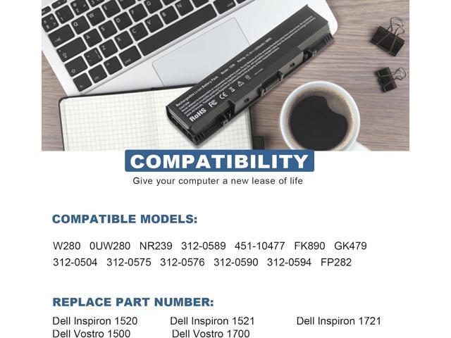 Laptop Battery for Dell Inspiron 1521 1520 1721 pp22l pp22x ; Dell Vostro 1500 1700, fits P/N W280 0UW280 NR239 312-0589 451-10477 FK890 GK476...