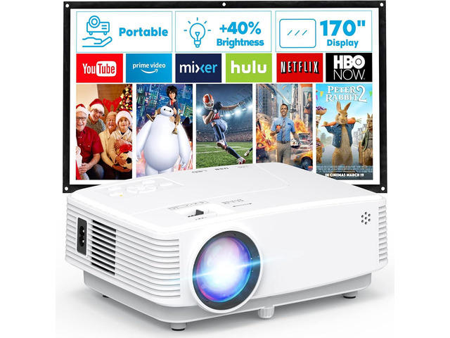 Mini Projector, HD Portable Projector 1080P Full HD Supported, Movie Projector Compatible with Smartphone & Tablet TV Stick Laptop HDMI USB AV, White