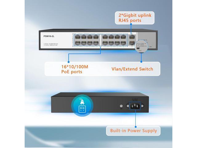 Real HD 16 Port PoE Switch, 16 PoE+ 100Mbps Ports with 2 Gigabit Uplink Ethernet Ports, Unmanaged Plug and Play, Each Port Up to 30W, High Power...