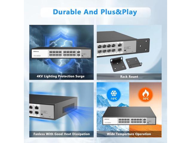 Real HD 16 Port PoE Switch, 16 PoE+ 100Mbps Ports with 2 Gigabit Uplink Ethernet Ports, Unmanaged Plug and Play, Each Port Up to 30W, High Power...