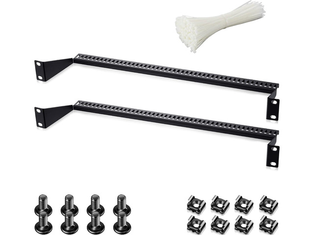 2 Pcs 1U Horizontal 19 Inch Rack Mount Cable Management Support Bar Bracket Cross Bar Server Cable Rack Mount with 50 Pcs Tie