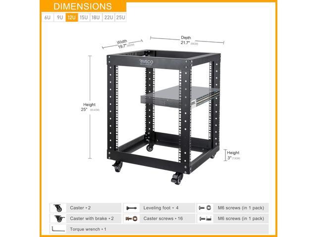 12U Server Rack Open Frame with Casters-RIVECO 4 Post Quick Assembly 19-inch, Data Rack Network Shelf Cabinet Heavy Duty Black