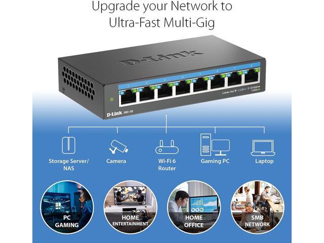 D-Link 8-Port 2.5GB Unmanaged Gaming Switch with 8 x 2.5G - Multi-Gig, Network, Fanless, Plug & Play (DMS-108),Black