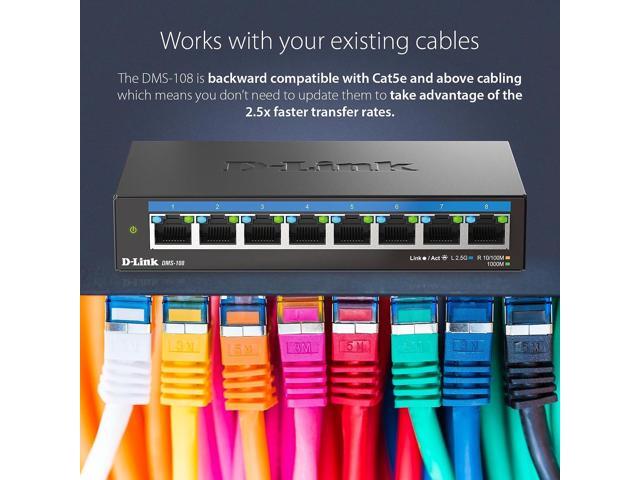 D-Link 8-Port 2.5GB Unmanaged Gaming Switch with 8 x 2.5G - Multi-Gig, Network, Fanless, Plug & Play (DMS-108),Black