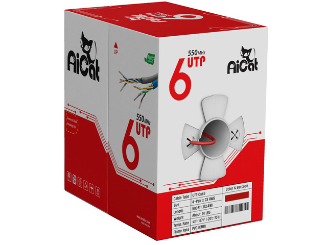 AiCat Cat6 Ethernet Cable 500ft - 23 AWG, CMR, ETL, Insulated Solid Bare Copper Wire Cat 6 Cable with Noise Reducing Cross Separator - 550MHZ / 10...