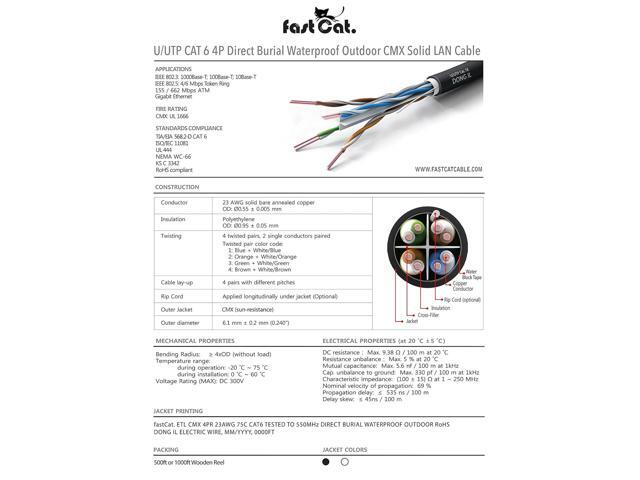 fast Cat. Cat6 Direct Burial Outdoor Ethernet Cable - 1000Ft Waterproof Cat6 Cable with 23AWG Solid Copper Conductors - CMX, UTP 550MHz Heavy...