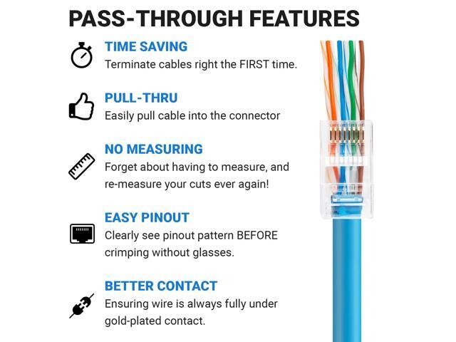 AmSecu 300-Pack RJ45 Pass Through Connector, Cat6, Gold Plated EZ Pass Cable Pass Through RJ45 connectors, RJ45 Modular Plugs, Ethernet Plugs (300...