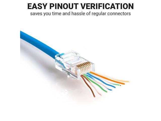 AmSecu 300-Pack RJ45 Pass Through Connector, Cat6, Gold Plated EZ Pass Cable Pass Through RJ45 connectors, RJ45 Modular Plugs, Ethernet Plugs (300...
