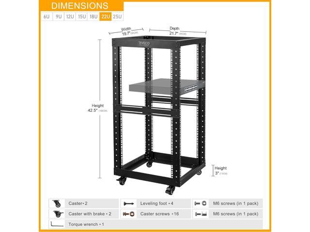 RIVECO 22U Open Frame Server Rack with Wheels- Heavy Duty 4 Post Quick Assembly 19-inch, Stereo Rack Rolling Network Shelf Black