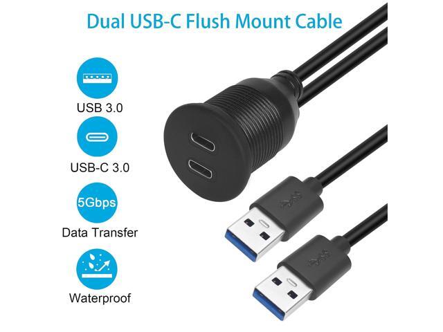 QIANRENON Dual USB C to USB 3.0 Threaded Flush Mount Waterproof Cable Adapter, 2 USB 3.0 Male to 2 USB C Female Panel Mount Extension Cable, for...
