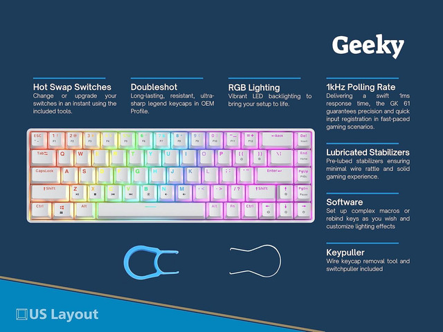 Geeky GK65 65% Hot Swappable Mechanical Gaming Keyboard 68 Keys Multi Color RGB LED Backlit for PC/Mac Gamer ANSI US American Layout (White,...