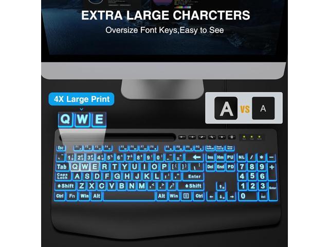 SABLUTE Large Print Backlit Keyboard, Wired USB Computer Keyboards with 7-Colors Backlight, Wrist Rest, Phone Holder, Oversized Letter Keys Easy to...