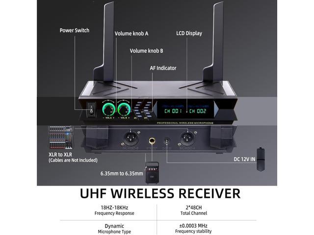 Wireless Microphone Systems, DUAL UHF Wireless Microphone Set, Microphone Wireless, Handheld Dynamic Microphones, 200ft Cordless Microphone for...
