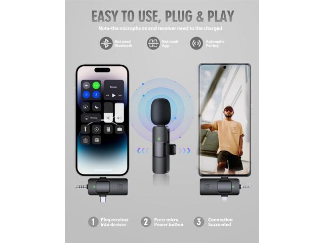 PQRQP 3 in 1 Wireless Microphone for iPhone, Android, Camera, USB-C Microphone, Wireless Lavalier Microphone, Mini Microphone, Noise Canceling...