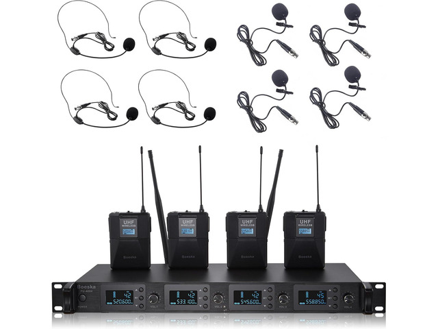 Wireless Microphone System 4 Channel UHF 4 Lavalier Lapel Headset Mics for Karaoke Church Speaking Conference Meeting Party, 4x25 Adjustable...