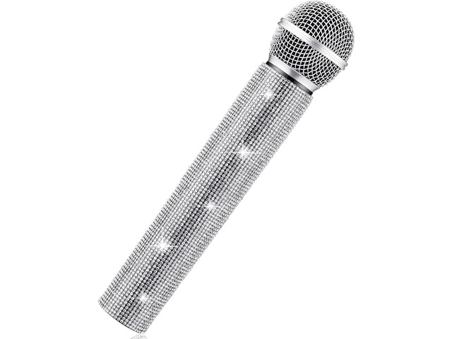 Sanwuta Fake Microphone Prop Sparkly Bling Rhinestones Plastic Play Microphone Pretend Glitter Bedazzled Mic for Cosplay Party Costume(Silver)