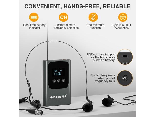 Phenyx Pro Dual Digital Wireless Microphone System, w/Handheld Dynamic Microphone, Bodypack Transmitter, Mini Receiver, 2x15 UHF Frequencies,...