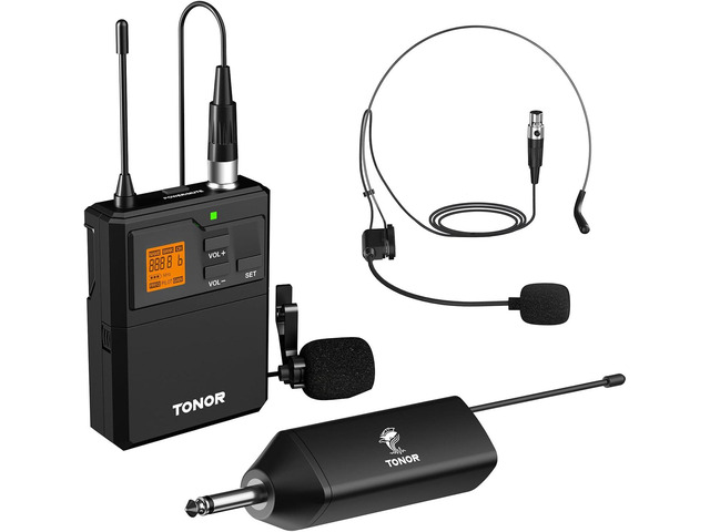 TONOR UHF Wireless Microphone System with Headset Lavalier Lapel Mic, Bodypack Transmitter, Rechargeable Receiver, 15 Channels 60 m/200ft Range...