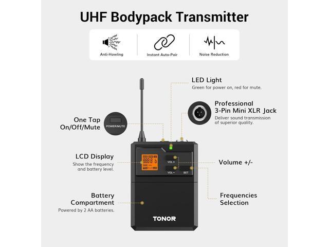 TONOR UHF Wireless Microphone System with Dual Headset Microphones/Lavalier Lapel Mics, Bodypack Transmitters, Mini Rechargeable Receiver, 2x15...