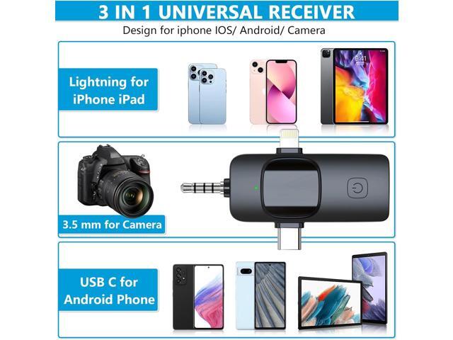 3 in 1 Wireless Microphone for iPhone Android Phone Camera, USB C Mini Microphone Plug-Play, Lavalier Microphone Clip on Lapel Mic for Video...