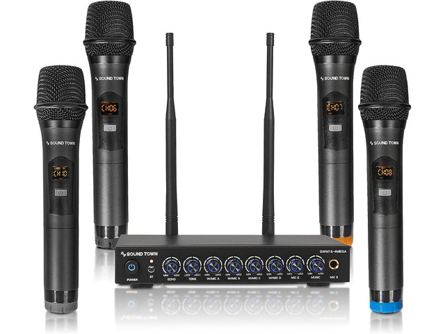 Sound Town 200 Channels Wireless Microphone Karaoke Mixer System, with 4 Metal Handheld Microphones, Optical (Toslink), AUX, for Smart TV, Home...