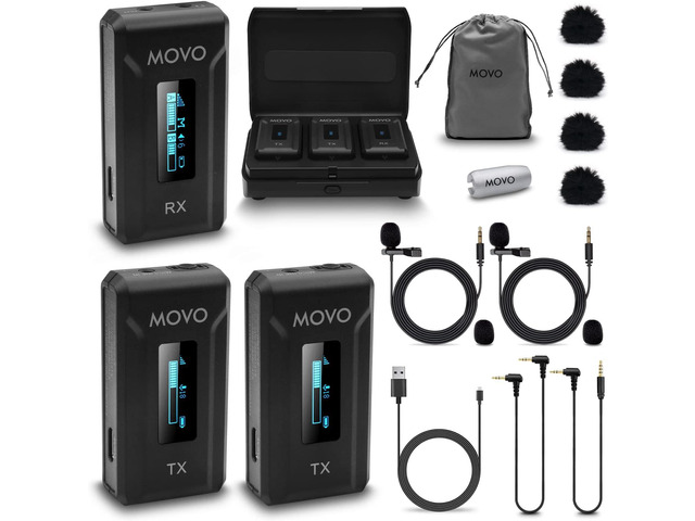 Movo WMX-2-DUO Wireless Camera Microphone Lapel Mic with Charging Case - Lav Mic, Wireless Lapel Microphone 2.4GHz Lavalier, Lav Mic for Vlogging,...