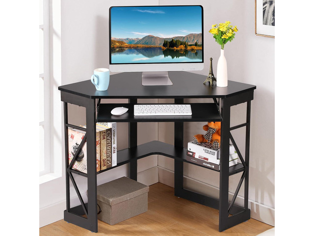 VECELO Corner Desk Computer Desk Writing Table with Smooth Keyboard Tray & Storage Shelves,Compact Home Office Triangle Table,Black