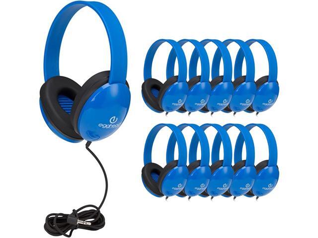Egghead Heavy-Duty Kids' Headphones with Padded Ear Cups and 6' Cord, Adjustable Tangle-Free Plastic Classroom Headphones for Kids, Pack of 10, Blue