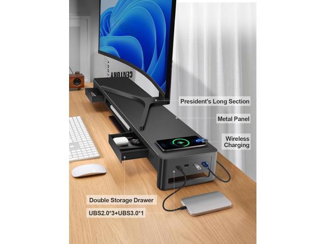meatanty Dual Monitor Stand Riser with 2 Drawers,4 USB Ports and Charging Pad,Metal Monitor Stand for 2 Monitors Supports Transfer Data and...