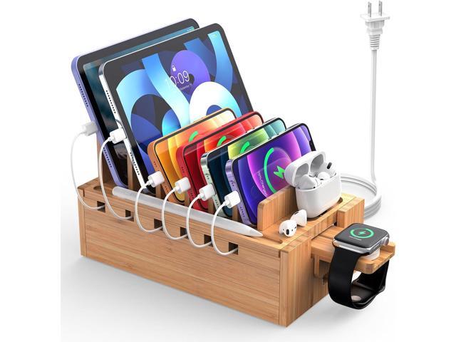 Pezin & Hulin Bamboo Charging Station for Multiple Devices with 5 Port USB Charger, 5 Cables and Watch Stand. Wood Desktop Docking Stations...
