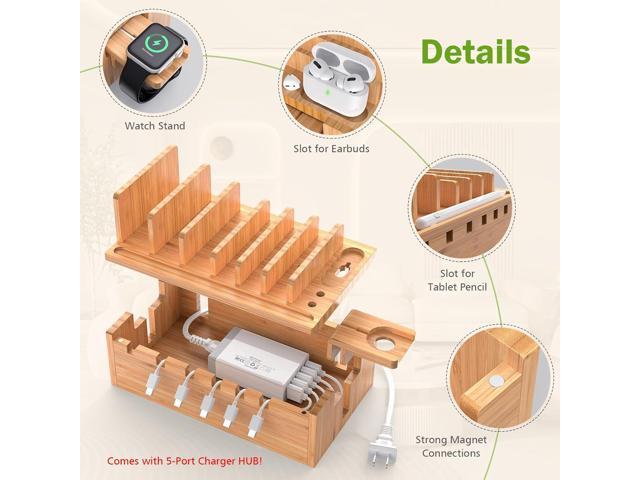 Pezin & Hulin Bamboo Charging Station for Multiple Devices with 5 Port USB Charger, 5 Cables and Watch Stand. Wood Desktop Docking Stations...