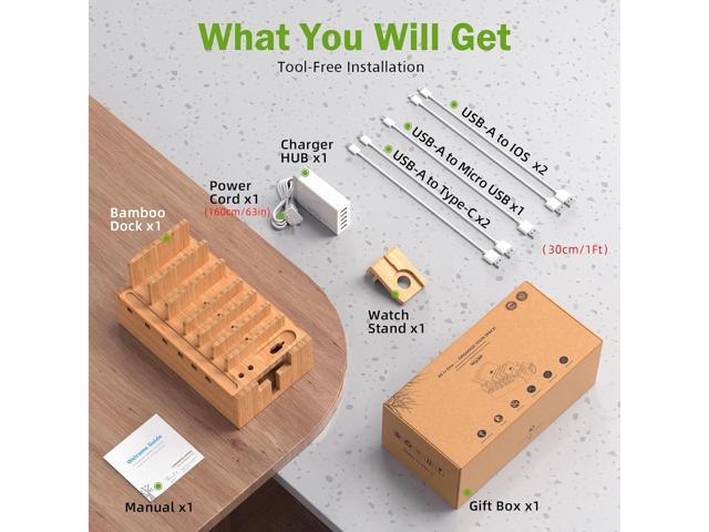 Pezin & Hulin Bamboo Charging Station for Multiple Devices with 5 Port USB Charger, 5 Cables and Watch Stand. Wood Desktop Docking Stations...