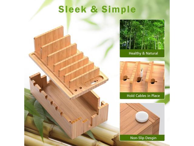 Pezin & Hulin Bamboo Charging Station for Multiple Devices with 5 Port USB Charger, 5 Cables and Watch Stand. Wood Desktop Docking Stations...