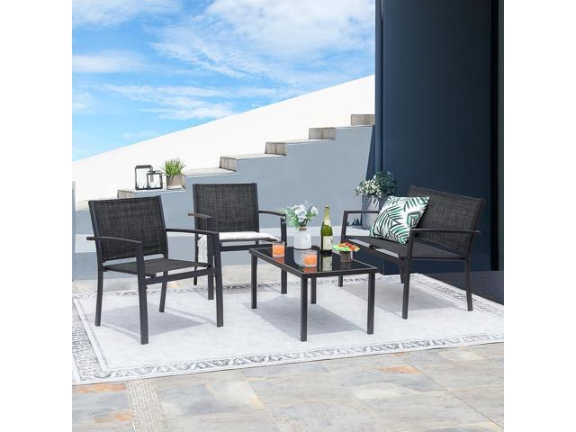 Greesum 4 Pieces Patio Furniture Set, Outdoor Conversation Sets for Patio, Lawn, Garden, Poolside with A Glass Coffee Table, Black