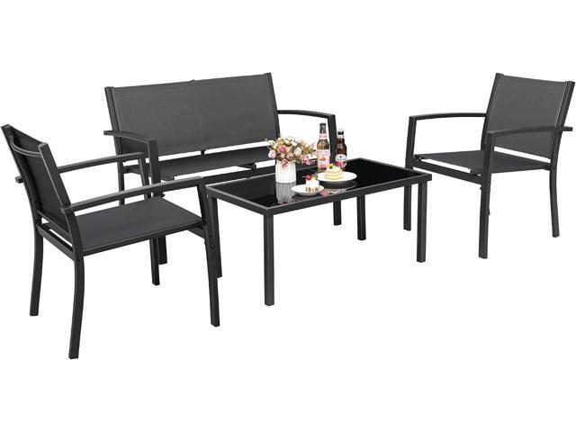 Tuoze 4 Pieces Patio Furniture Set Outdoor Conversation Set with Glass Coffee Table Bistro Set with Loveseat Garden Yard Lawn and Balcony (Black)