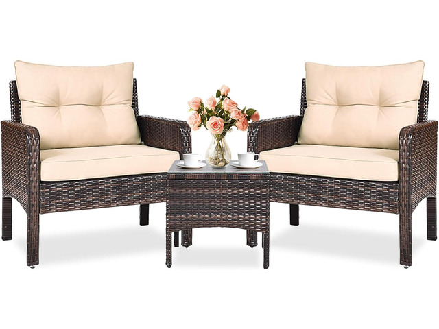 KOTEK 3 Piece Patio Furniture Set, Outdoor Wicker Conversation Bistro Set with 4 Cushions, All Weather PE Rattan Furniture Set for Garden,...