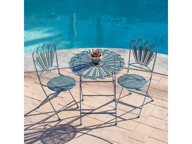 Alpine Corporation Indoor/Outdoor 3-Piece Peacock Feather Rustic Metal Bistro Set Patio Seating, Light Blue