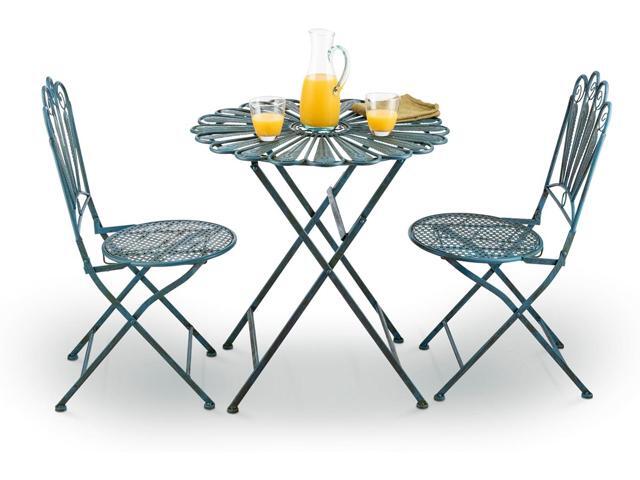 Alpine Corporation Indoor/Outdoor 3-Piece Peacock Feather Rustic Metal Bistro Set Patio Seating, Light Blue