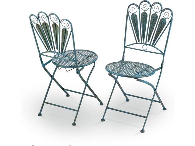 Alpine Corporation Indoor/Outdoor 3-Piece Peacock Feather Rustic Metal Bistro Set Patio Seating, Light Blue
