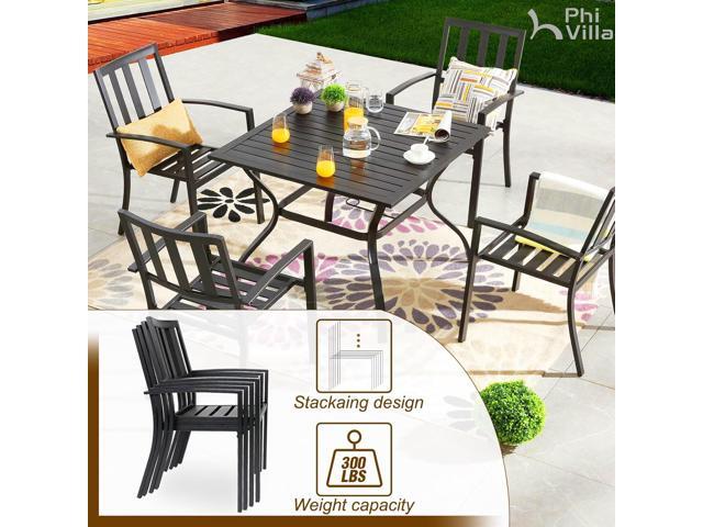 PHI VILLA 5 Piece Outdoor Dining Table Set for 4, 37 Square Metal Dining Table with Umbrella Hole & Stackable Steel Chairs for Patio, Deck, Yard