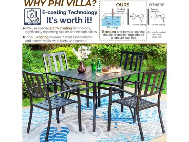 PHI VILLA 5 Piece Outdoor Dining Table Set for 4, 37 Square Metal Dining Table with Umbrella Hole & Stackable Steel Chairs for Patio, Deck, Yard