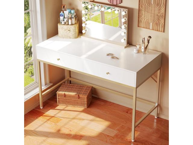 SUPERJARE Vanity Desk with Drawers, 47 inch Computer Desk, Modern Simple Home Office Desks, Makeup Dressing Table for Bedroom - White and Gold, 7997G