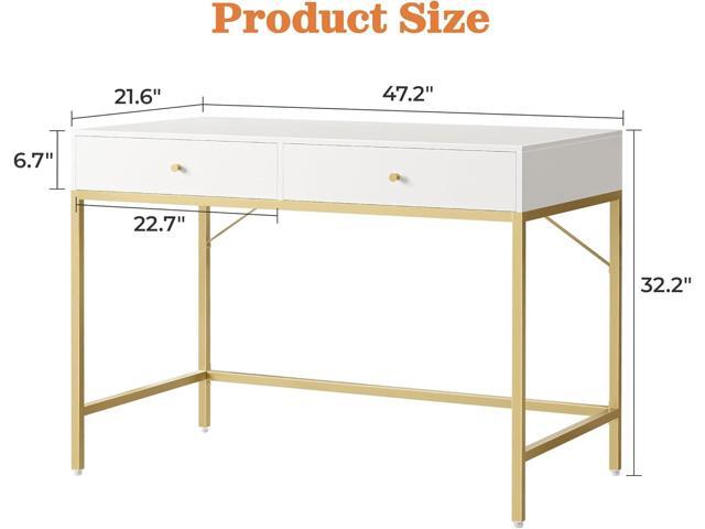 SUPERJARE Vanity Desk with Drawers, 47 inch Computer Desk, Modern Simple Home Office Desks, Makeup Dressing Table for Bedroom - White and Gold, 7997G