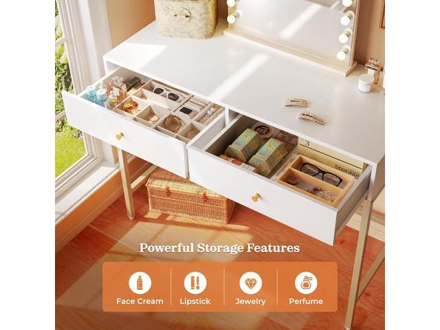 SUPERJARE 39.4' White and Gold Desk with 2 Drawers, Modern Makeup Vanity Desk, Small Computer Desk Home Office Desk for Writing Study Bedroom