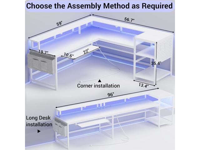 SEDETA L Shaped Gaming Desk, Reversible Computer Desk, Gaming Desk with Power Outlets & LED Strip, Monitor Shelf, Keyboard Tray, Pegboard and...
