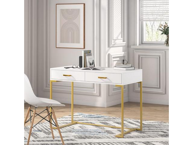 Tribesigns Computer Desk with 2 Drawers, 39.4 Modern Simple White and Gold Writing Desk Desk with Storage Drawers, Makeup Vanity Console Table...